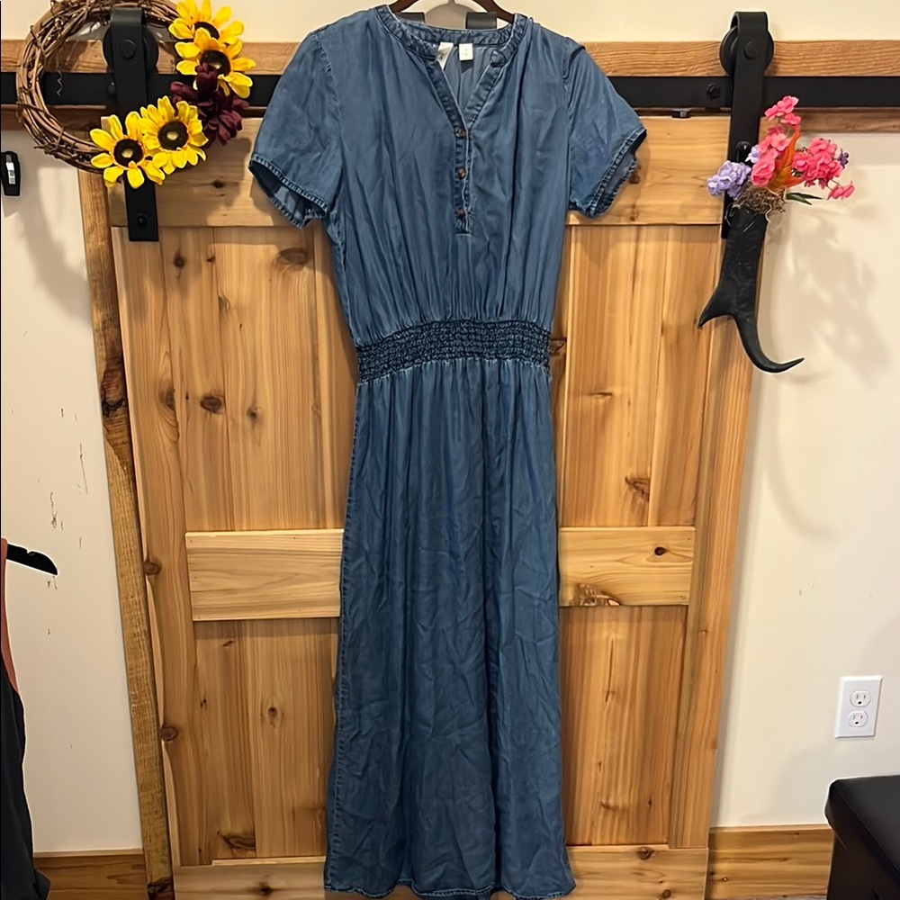 Tacera Denim Blue Short-Sleeve Smocked-Waist Maxi Dress